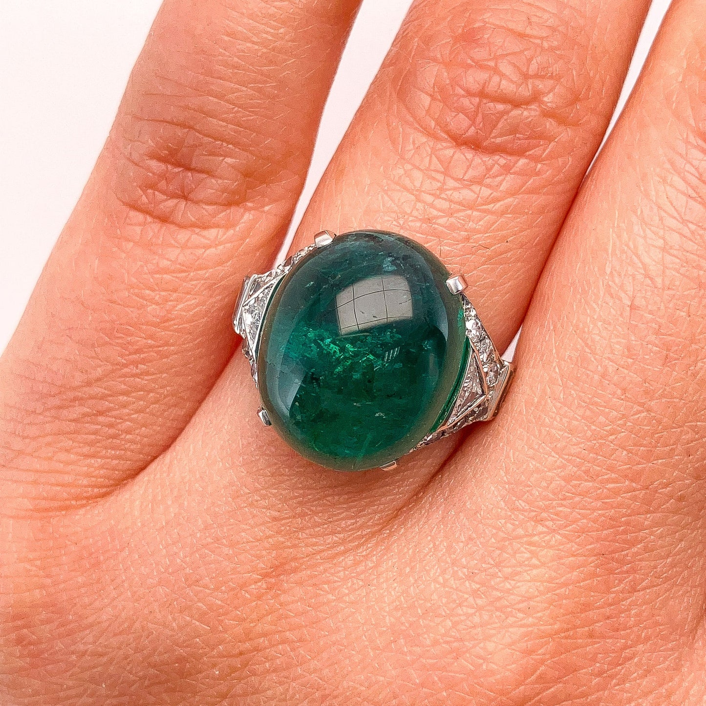 Vintage 11.06ct Emerald Cabochon & Diamond Ring, Platinum - Forever Rox Fine Jewelry