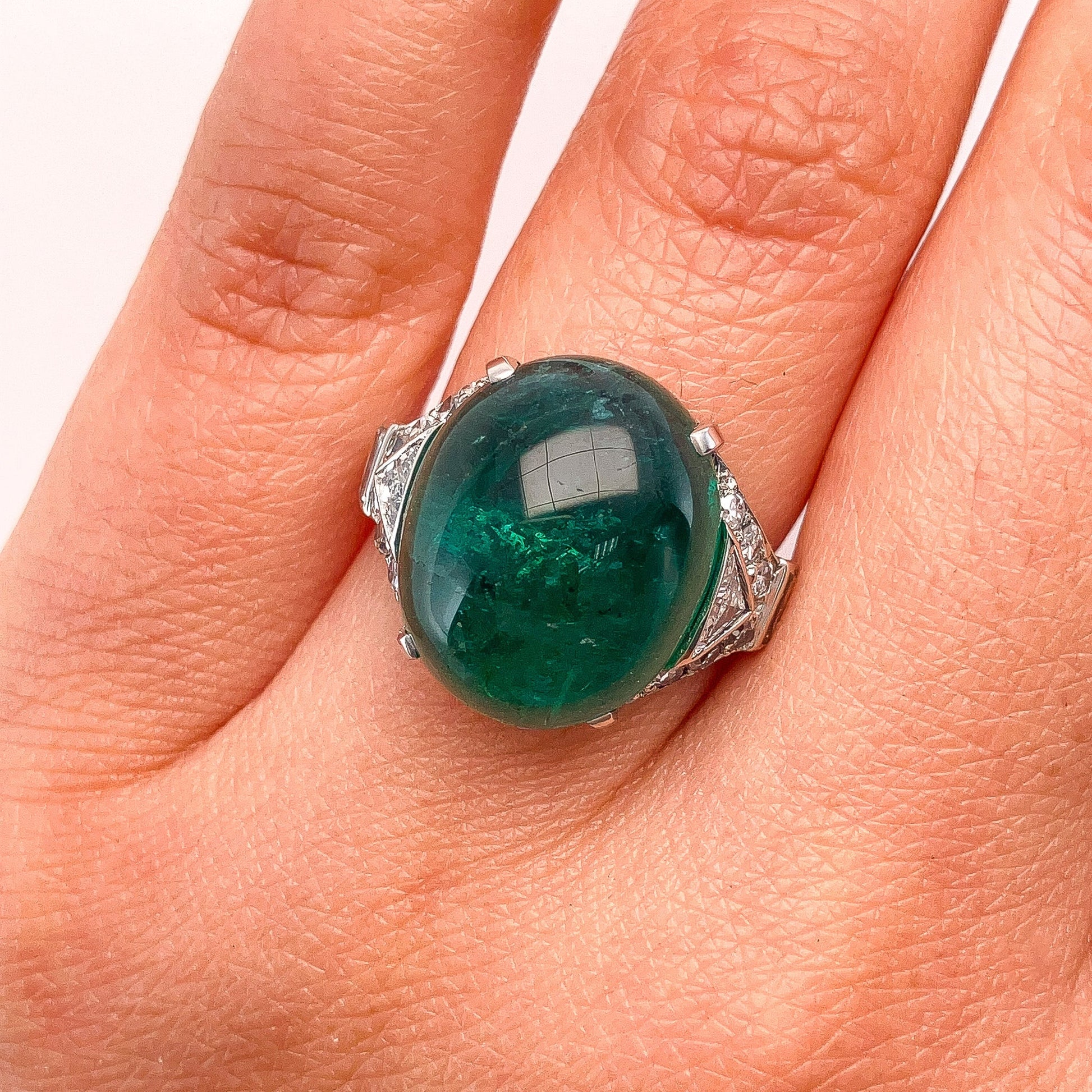 Vintage 11.06ct Emerald Cabochon & Diamond Ring, Platinum - Forever Rox Fine Jewelry