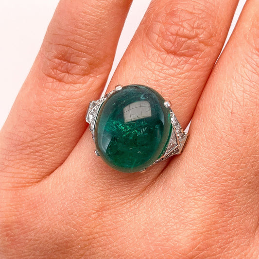 Vintage 11.06ct Emerald Cabochon & Diamond Ring, Platinum - Forever Rox Fine Jewelry