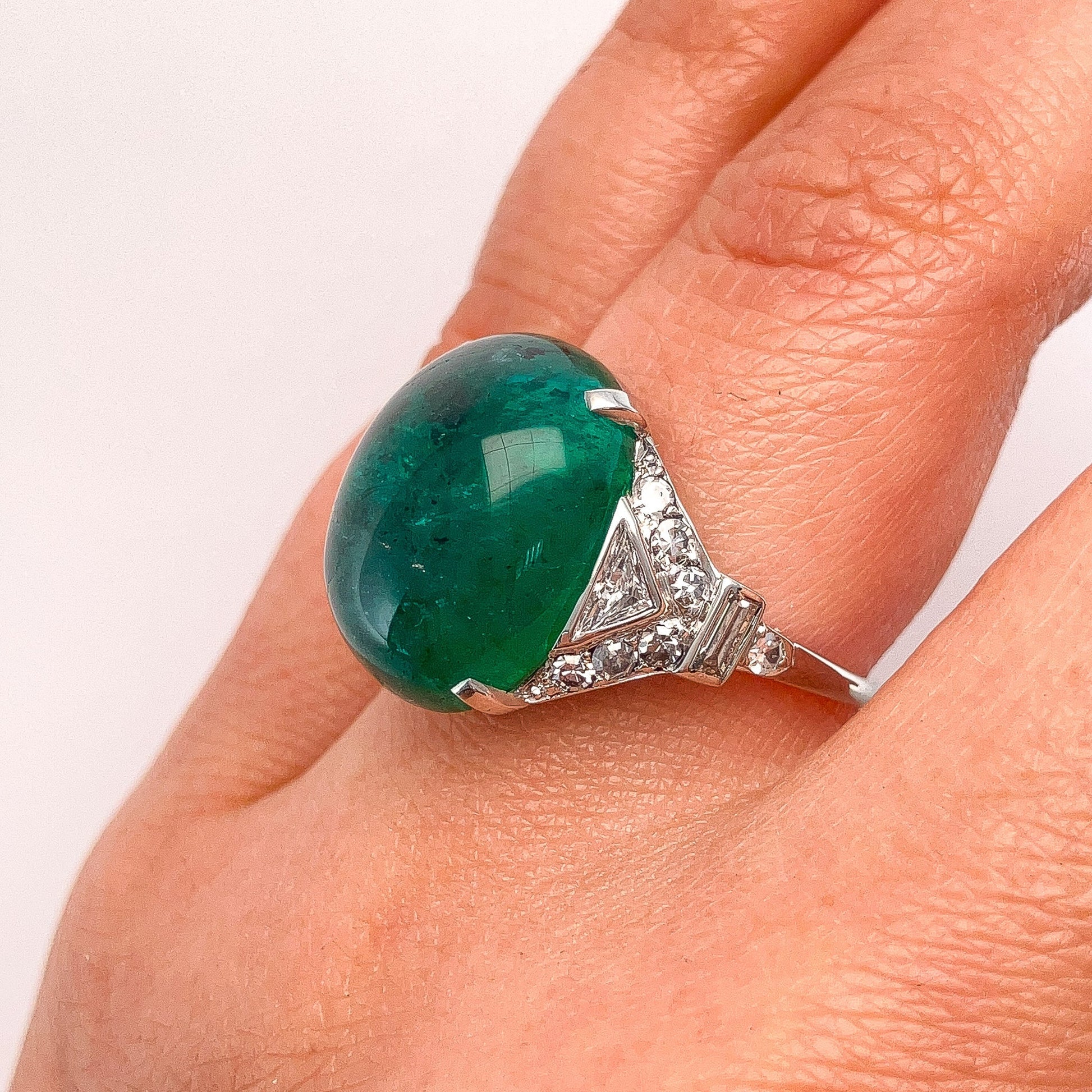 Vintage 11.06ct Emerald Cabochon & Diamond Ring, Platinum - Forever Rox Fine Jewelry