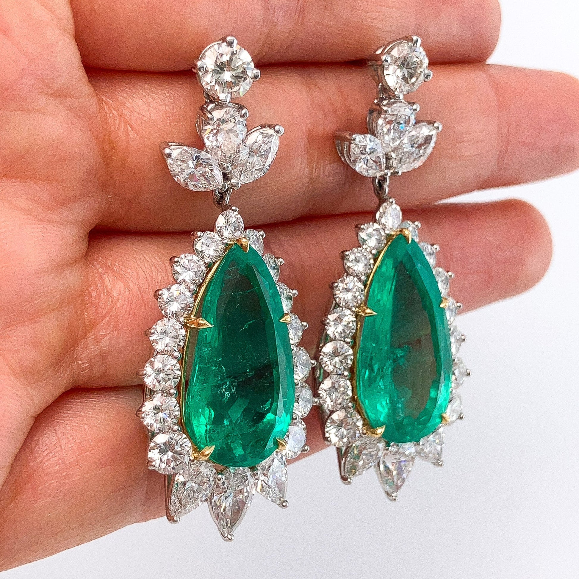 Vintage 21.20cts GIA Certified Colombian F2 Emerald & Diamond Cluster Earrings, 18k - Forever Rox