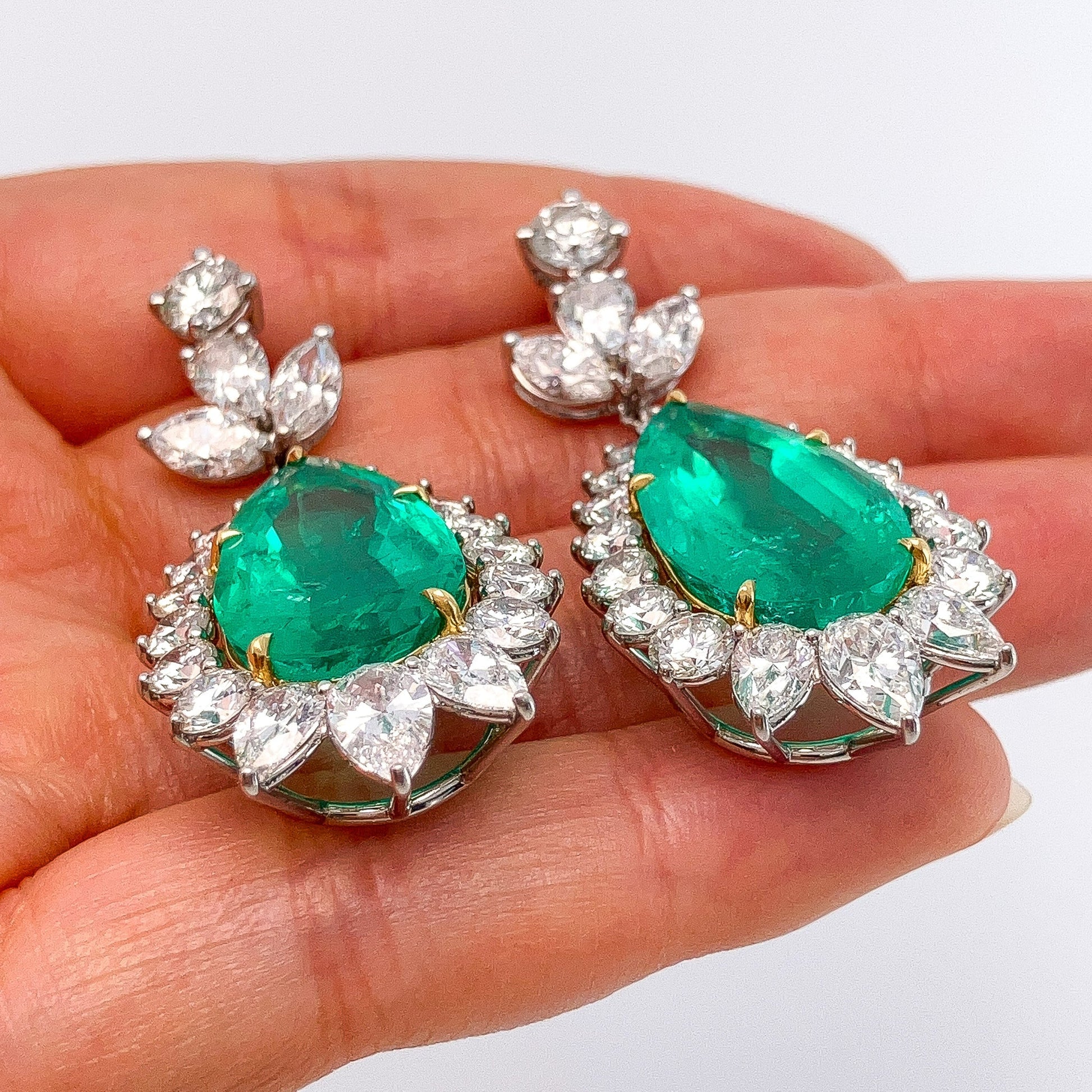 Vintage 21.20cts GIA Certified Colombian F2 Emerald & Diamond Cluster Earrings, 18k - Forever Rox