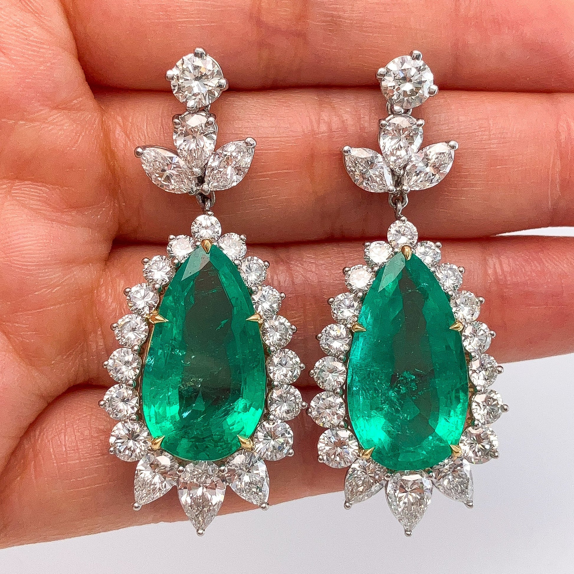 Vintage 21.20cts GIA Certified Colombian F2 Emerald & Diamond Cluster Earrings, 18k - Forever Rox