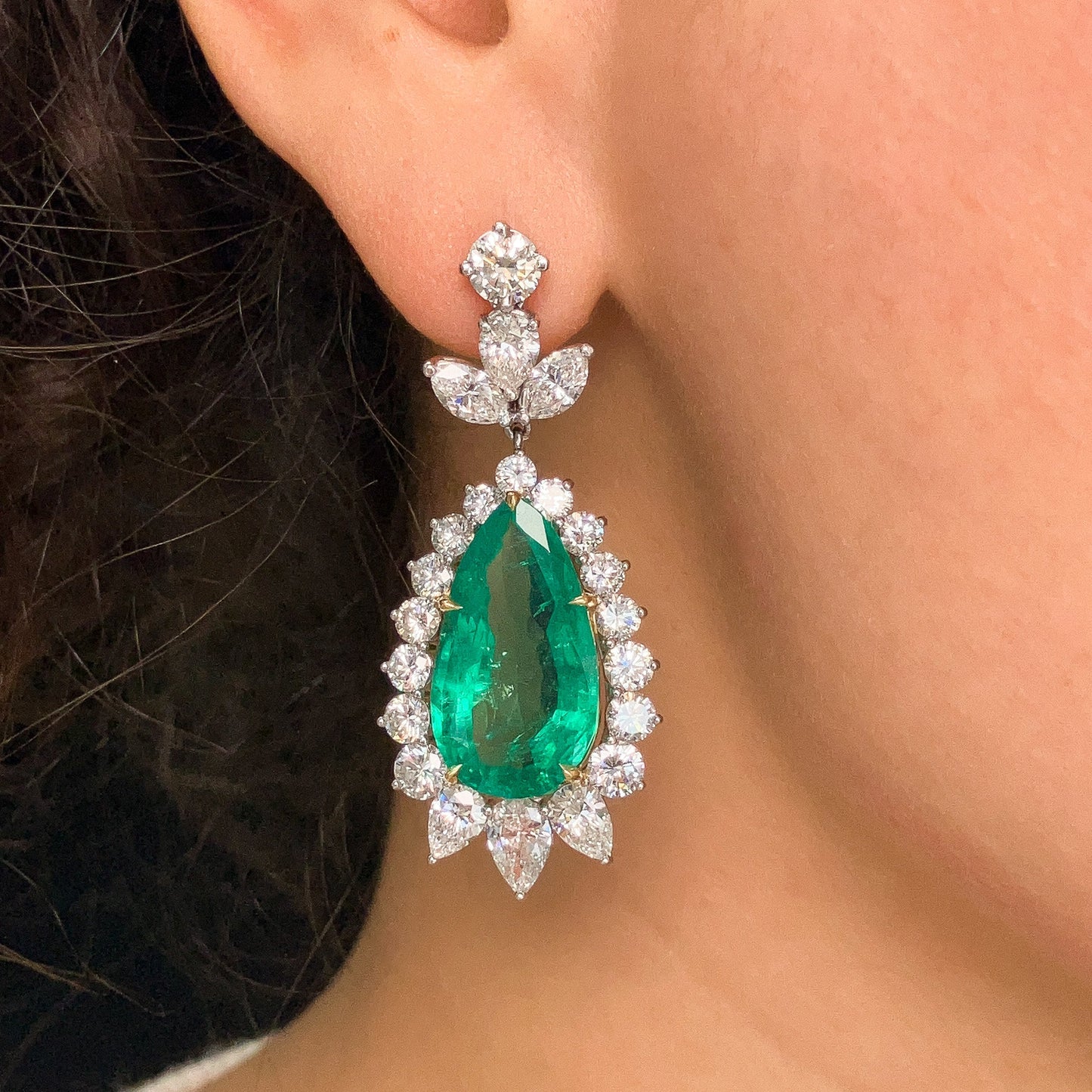 Vintage 21.20cts GIA Certified Colombian F2 Emerald & Diamond Cluster Earrings, 18k - Forever Rox