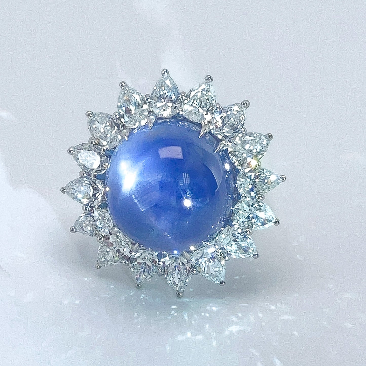 Vintage 26.70ct Star Sapphire & Pearshape Diamond Cluster Ring, Platinum - Forever Rox Fine Jewelry