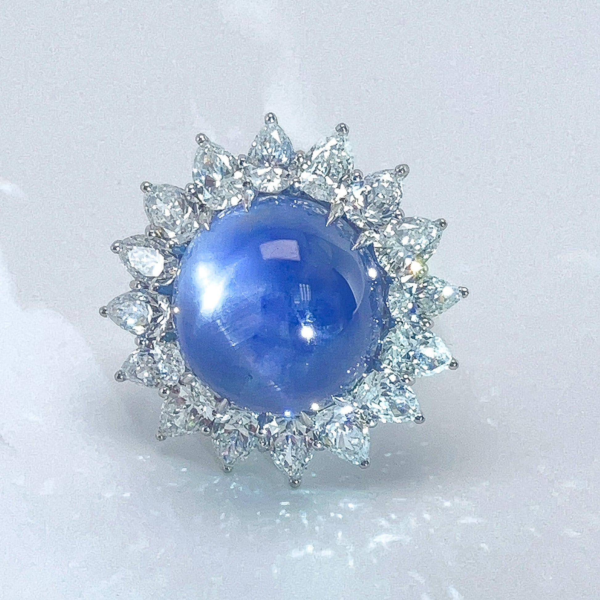 Vintage 26.70ct Star Sapphire & Pearshape Diamond Cluster Ring, Platinum - Forever Rox Fine Jewelry