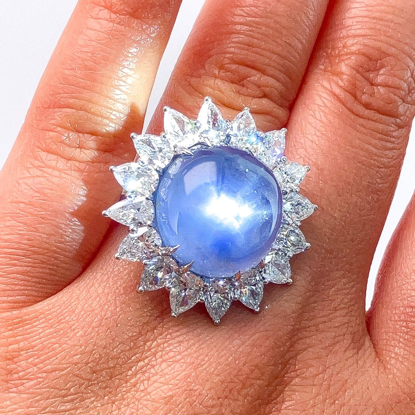 Vintage 26.70ct Star Sapphire & Pearshape Diamond Cluster Ring, Platinum - Forever Rox Fine Jewelry
