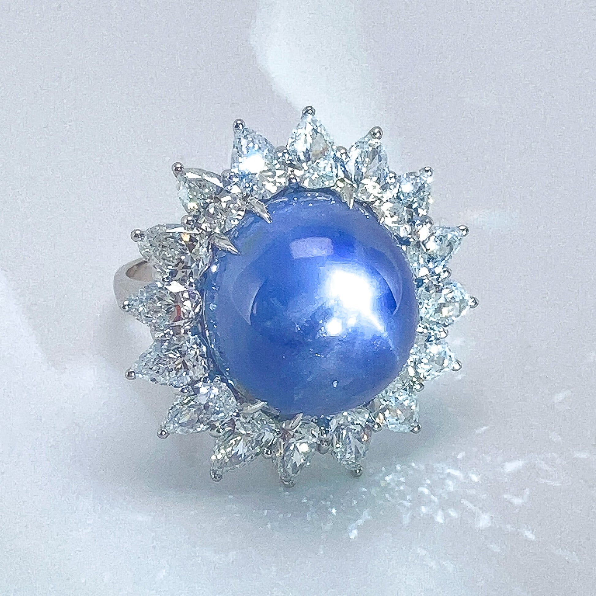 Vintage 26.70ct Star Sapphire & Pearshape Diamond Cluster Ring, Platinum - Forever Rox Fine Jewelry