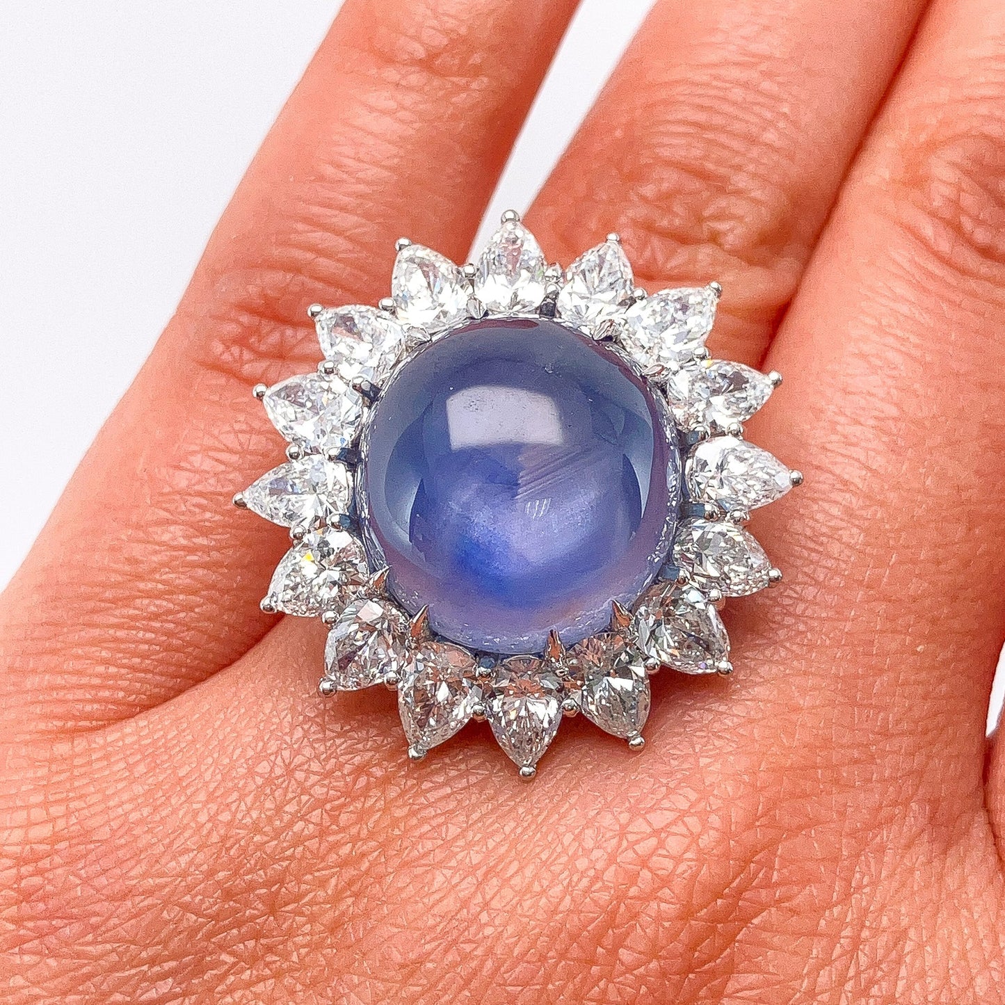 Vintage 26.70ct Star Sapphire & Pearshape Diamond Cluster Ring, Platinum - Forever Rox Fine Jewelry