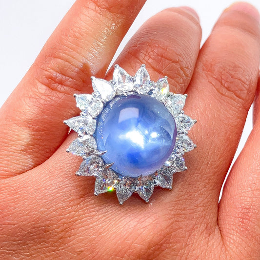 Vintage 26.70ct Star Sapphire & Pearshape Diamond Cluster Ring, Platinum - Forever Rox Fine Jewelry