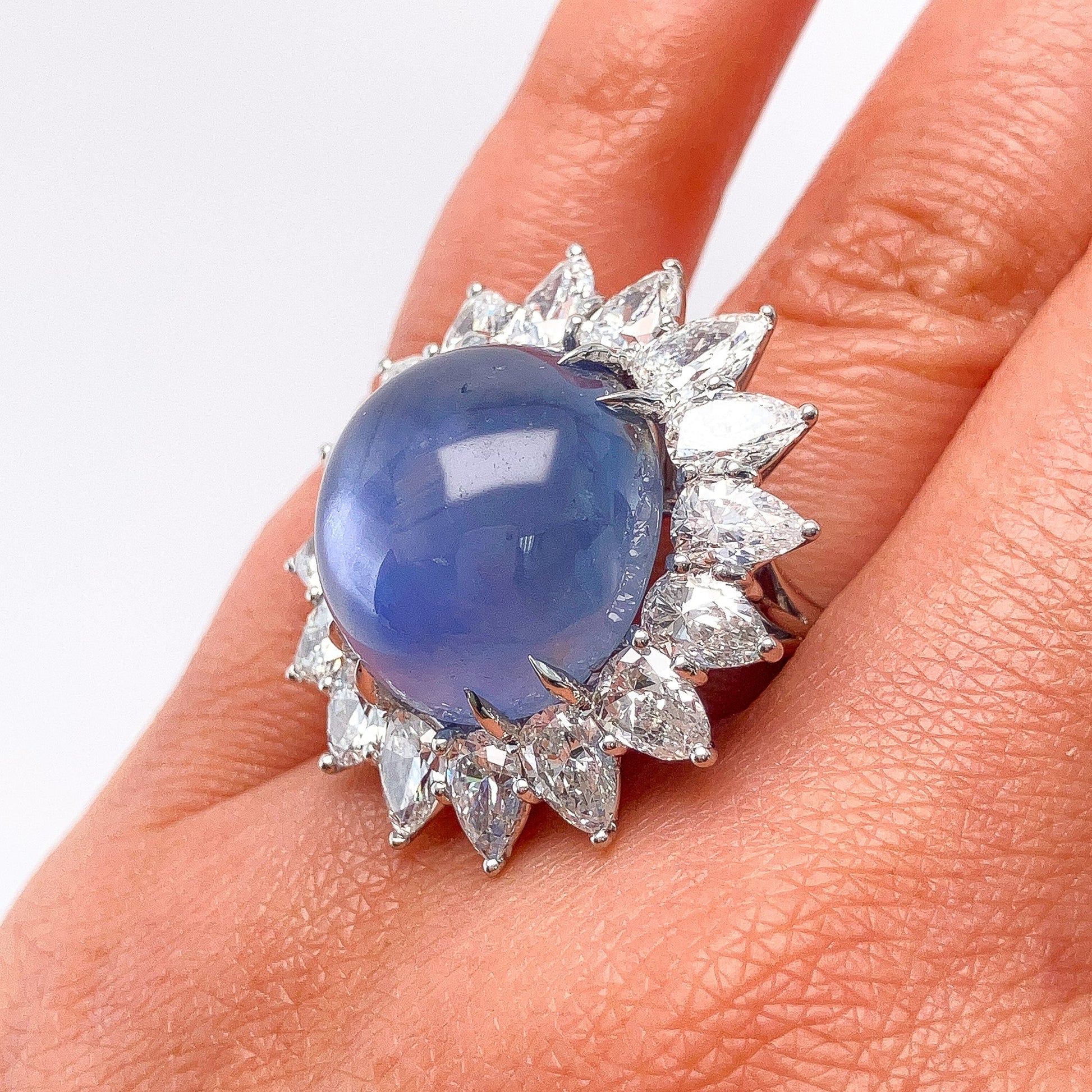 Vintage 26.70ct Star Sapphire & Pearshape Diamond Cluster Ring, Platinum - Forever Rox Fine Jewelry