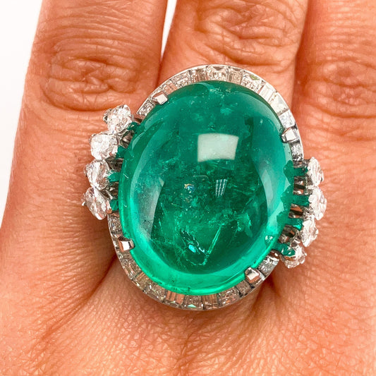 Vintage 38.23ct GIA Certified Colombia F2 Double Cabochon & Diamond Cocktail Ring, Platinum - Forever Rox