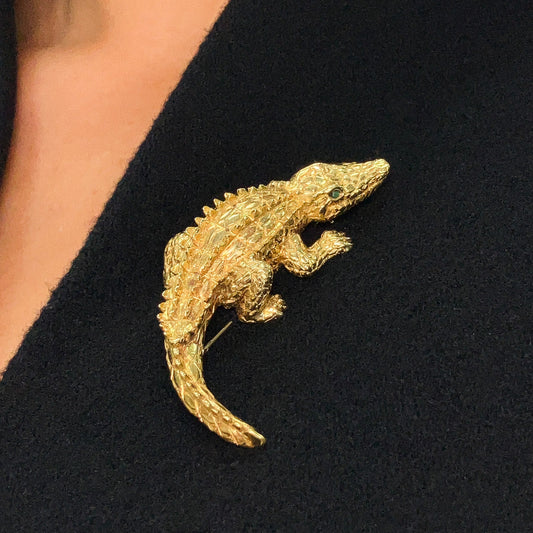Vintage Alligator Pin with Emerald Eyes by Craig Drake, 18k - Forever Rox