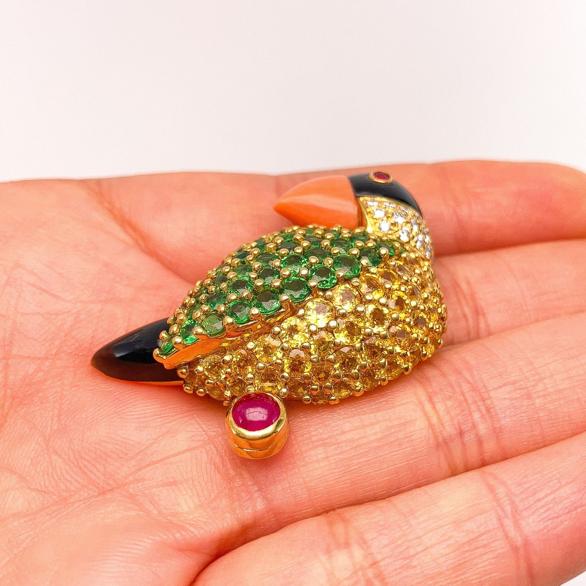 Vintage Gemstone Puffin Brooch by Jean Vitau, 18k º - Forever Rox