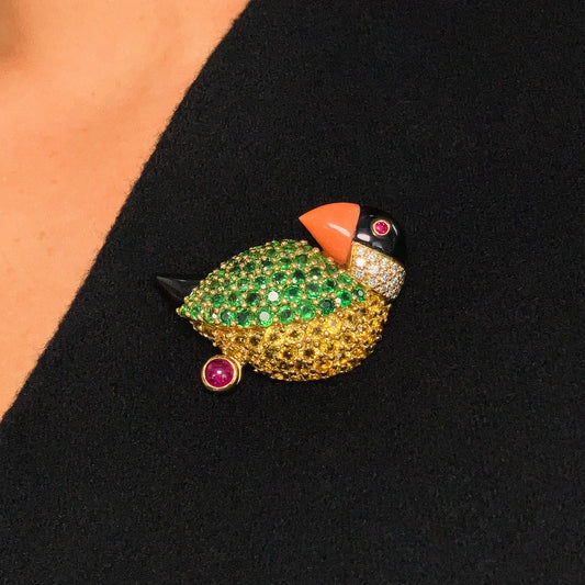 Vintage Gemstone Puffin Brooch by Jean Vitau, 18k º - Forever Rox