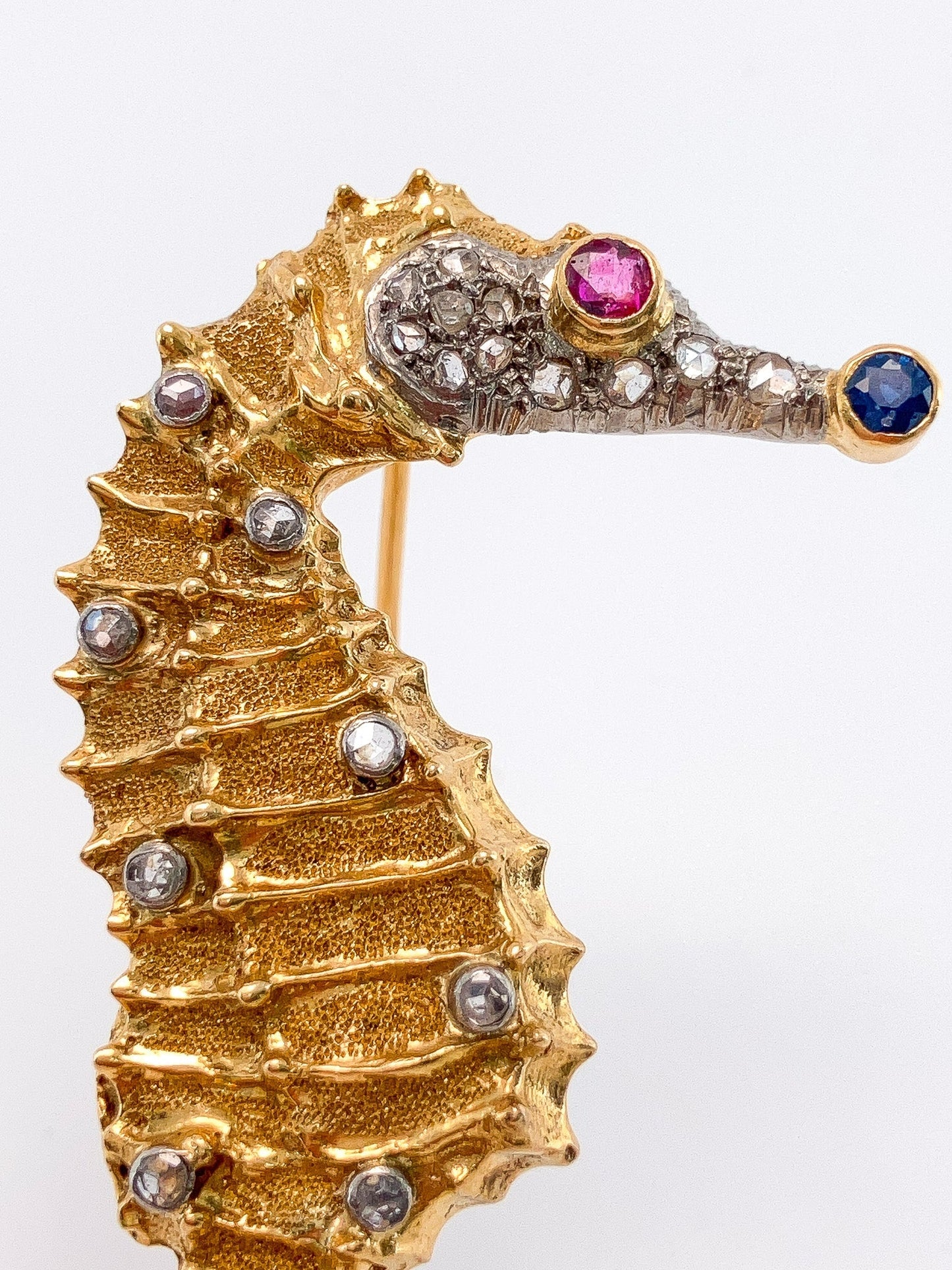 Vintage Greek Seahorse Diamond & Gemstone Brooch, 18k - Forever Rox Fine Jewelry