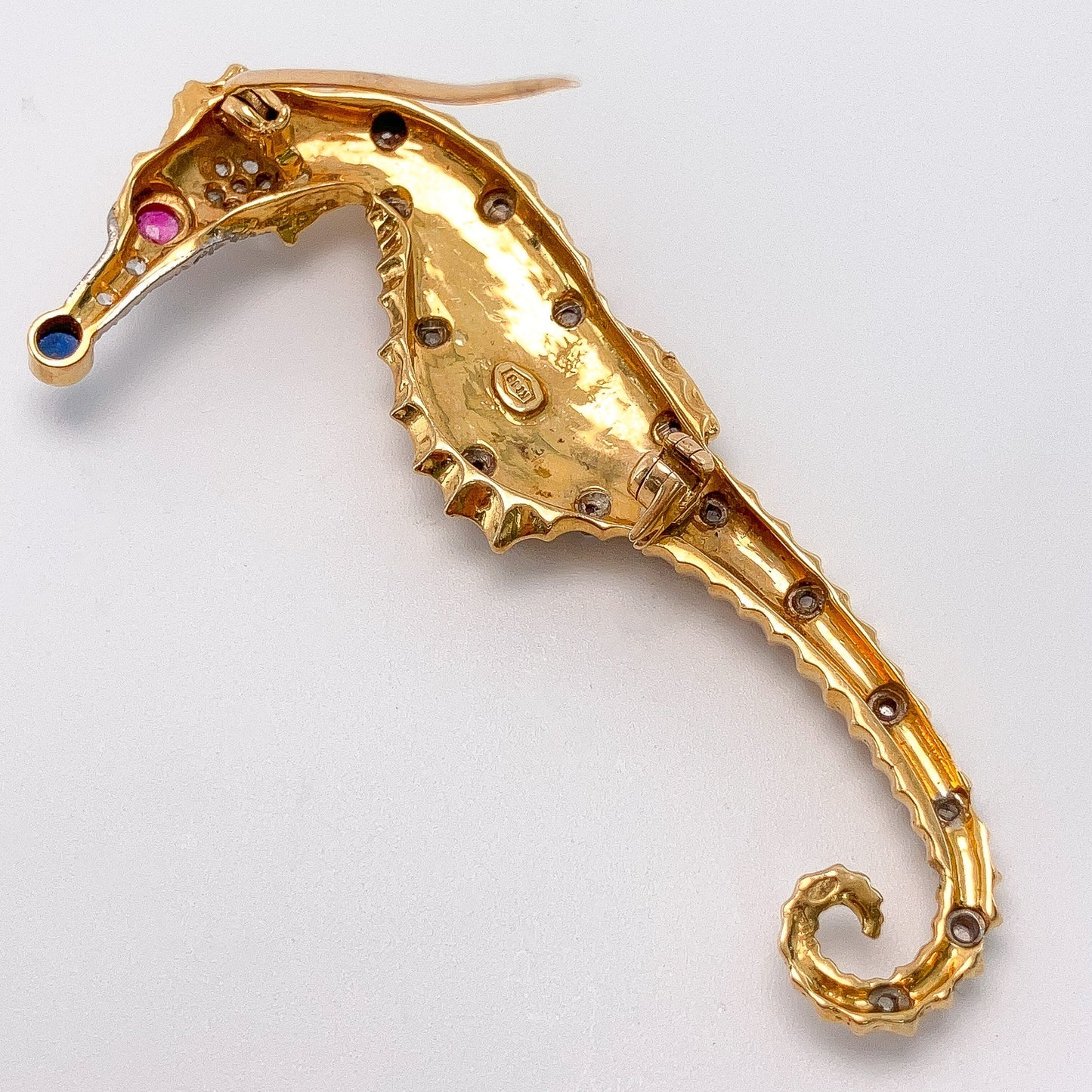 Vintage Greek Seahorse Diamond & Gemstone Brooch, 18k - Forever Rox Fine Jewelry