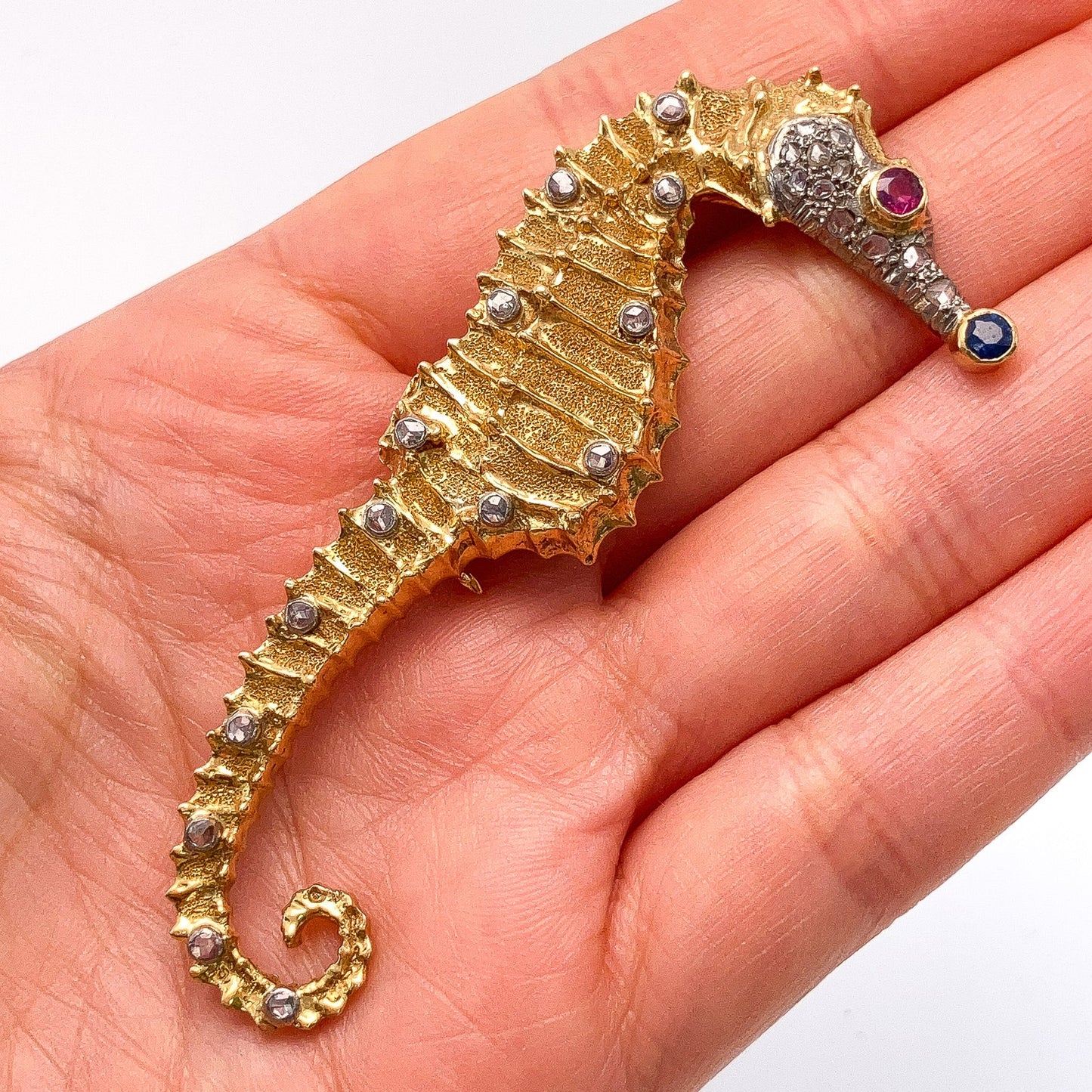 Vintage Greek Seahorse Diamond & Gemstone Brooch, 18k - Forever Rox Fine Jewelry
