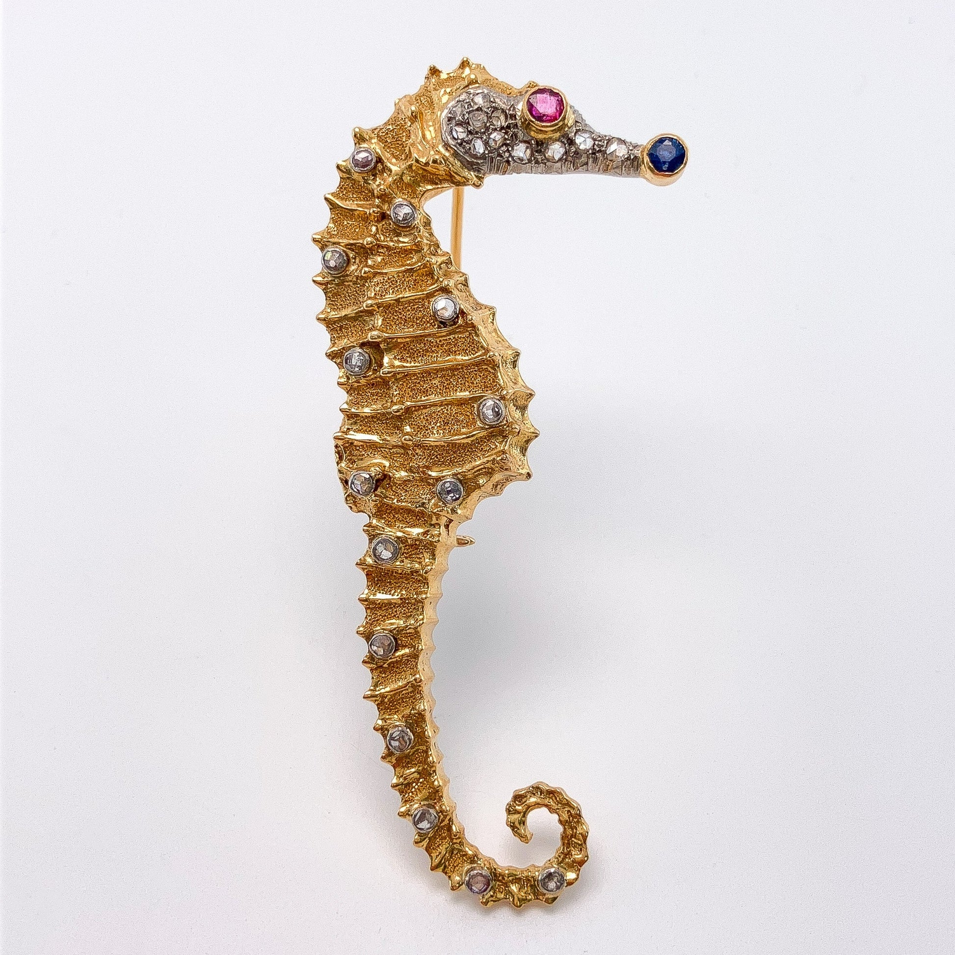Vintage Greek Seahorse Diamond & Gemstone Brooch, 18k - Forever Rox Fine Jewelry