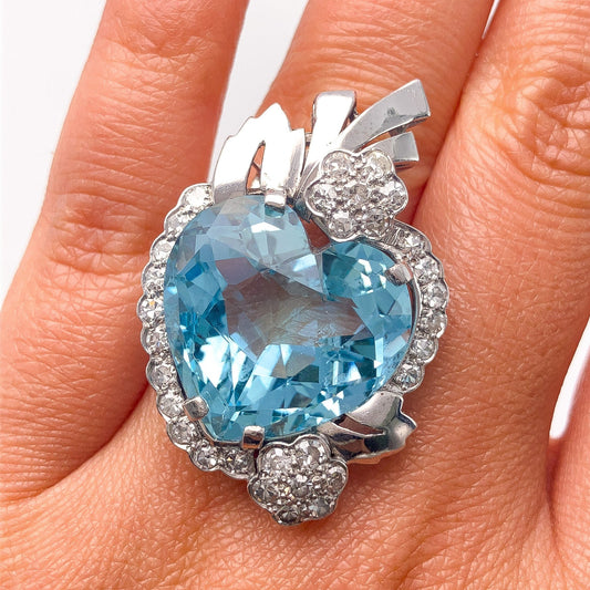 Vintage Heartshape Aquamarine & Diamond Ring, Platinum - Forever Rox Fine Jewelry