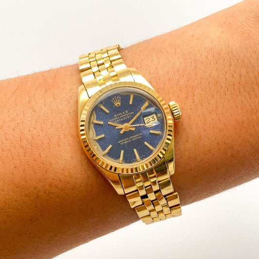 Vintage Ladies Blue Dial Rolex President, 18k - Forever Rox Fine Jewelry