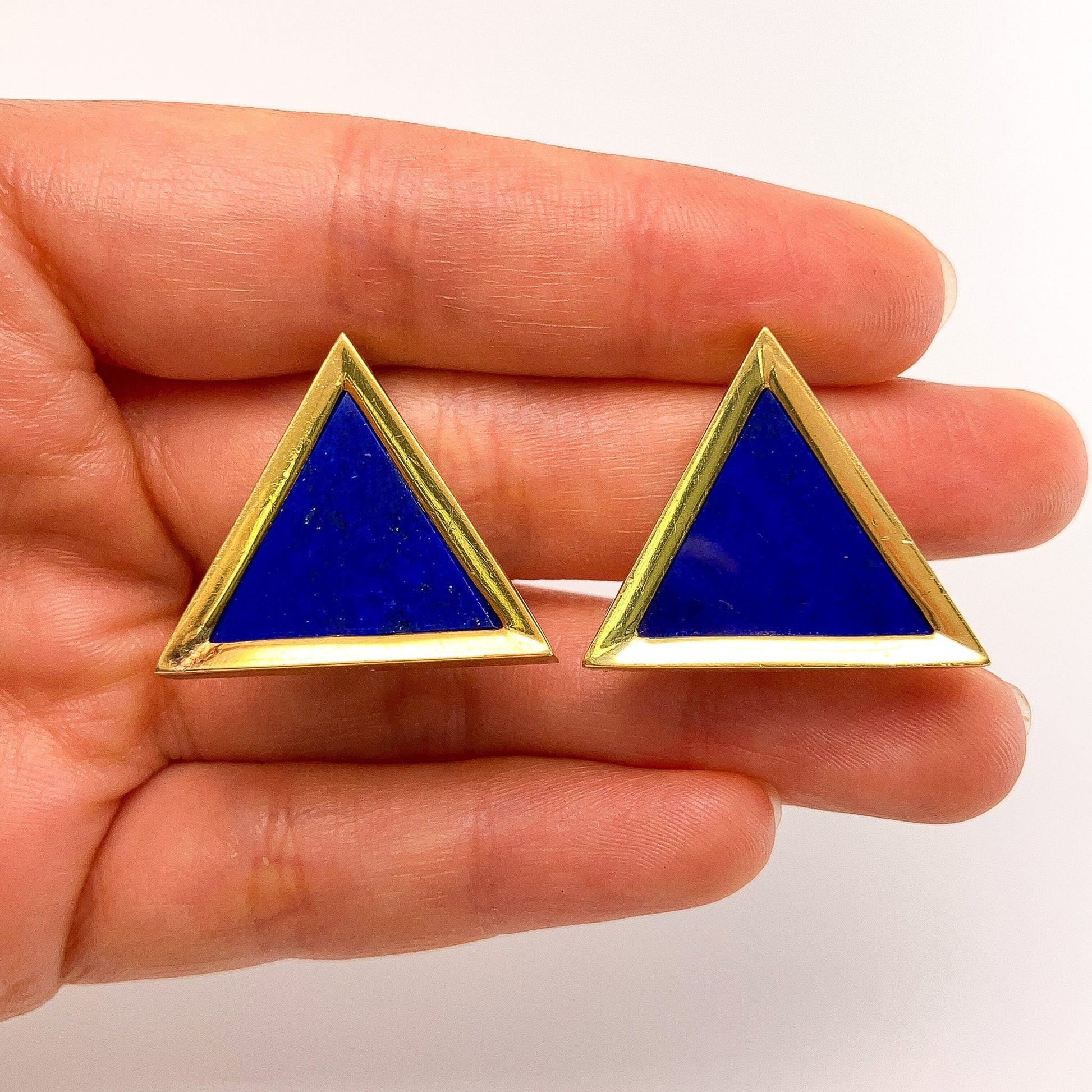 Vintage Lapis Lazuli Triangle Earclips by Mapamenos Natepas, 18k º - Forever Rox