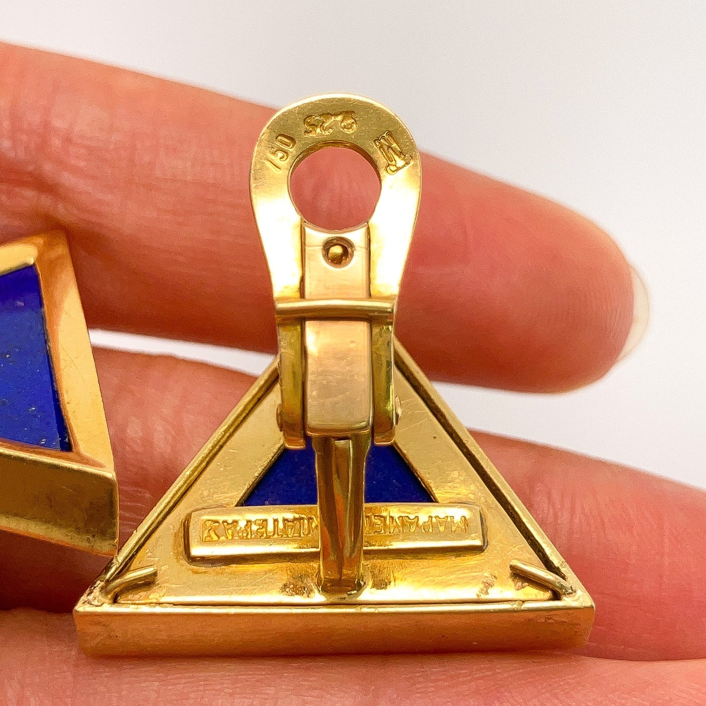 Vintage Lapis Lazuli Triangle Earclips by Mapamenos Natepas, 18k º - Forever Rox