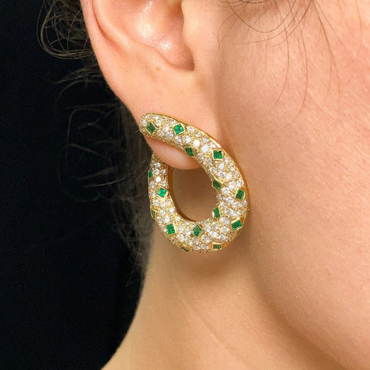 Vintage Pave Diamond & Emerald Swoop Earrings, 18k & 14k - Forever Rox Fine Jewelry