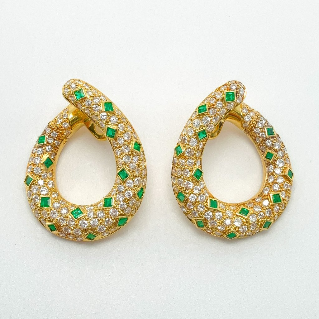 Vintage Pave Diamond & Emerald Swoop Earrings, 18k & 14k - Forever Rox Fine Jewelry