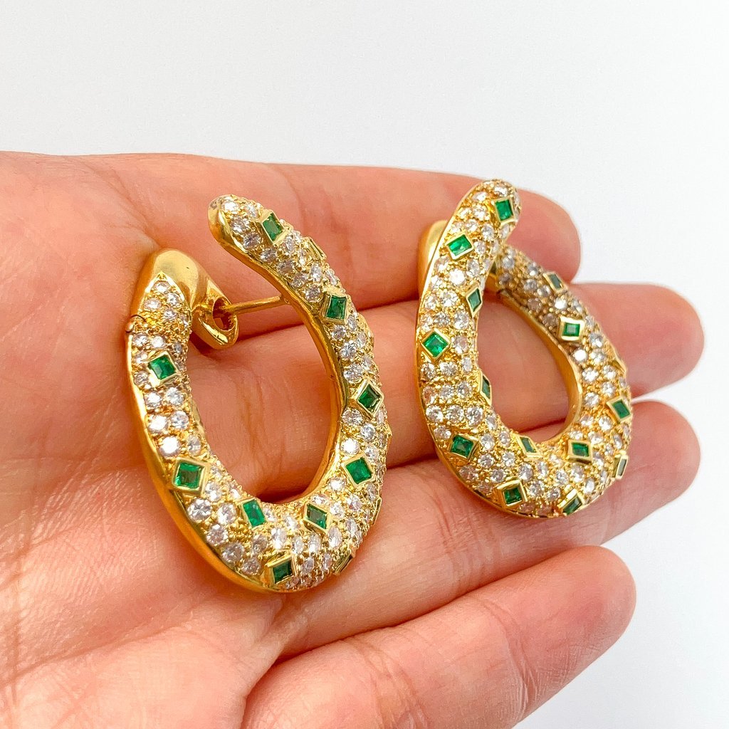 Vintage Pave Diamond & Emerald Swoop Earrings, 18k & 14k - Forever Rox Fine Jewelry