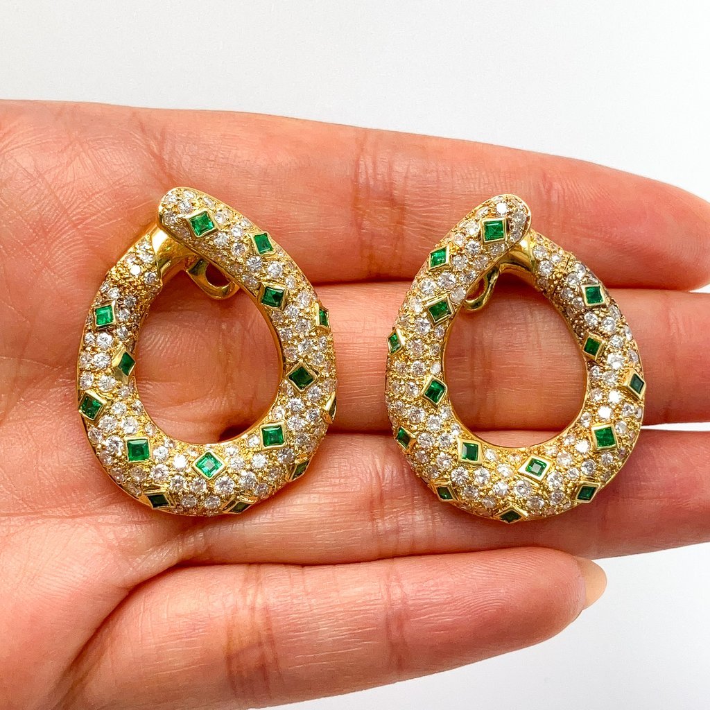 Vintage Pave Diamond & Emerald Swoop Earrings, 18k & 14k - Forever Rox Fine Jewelry