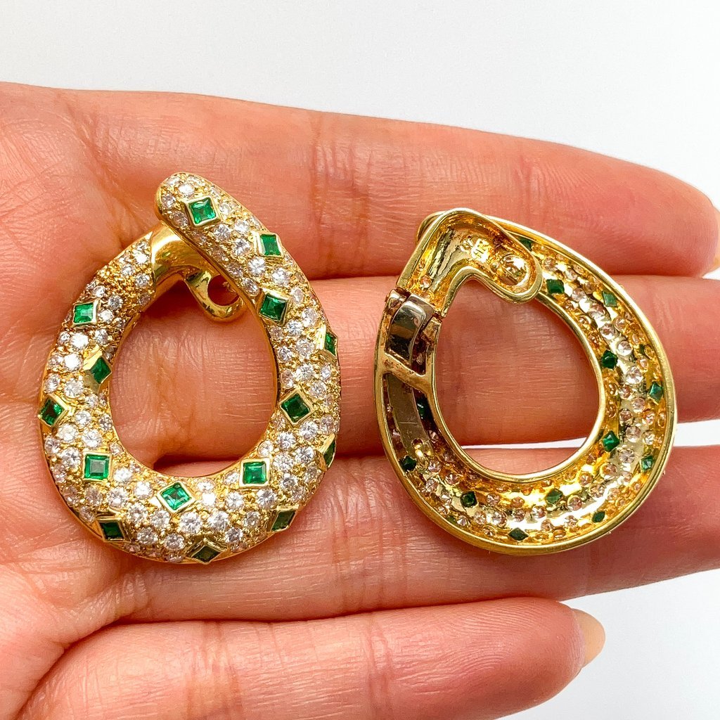 Vintage Pave Diamond & Emerald Swoop Earrings, 18k & 14k - Forever Rox Fine Jewelry