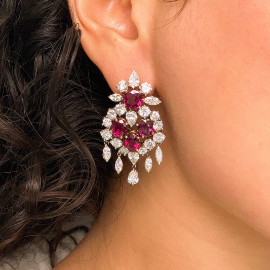 Vintage Ruby & Diamond Cluster Earrings, 18k - Forever Rox