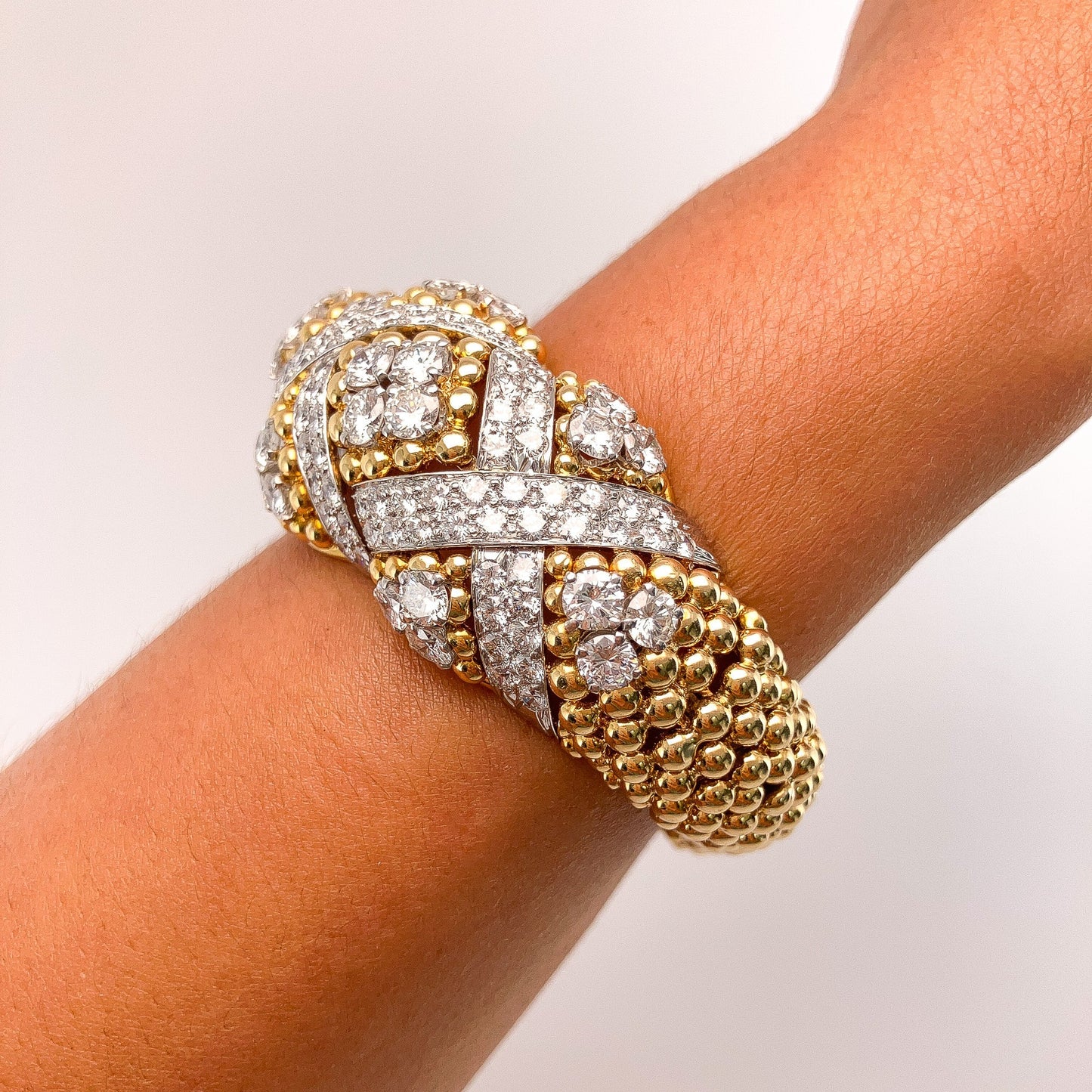 Vintage Textured Dome Bracelet with Basketweave Diamonds Motif by David Webb, 18k & Platinum º - Forever Rox