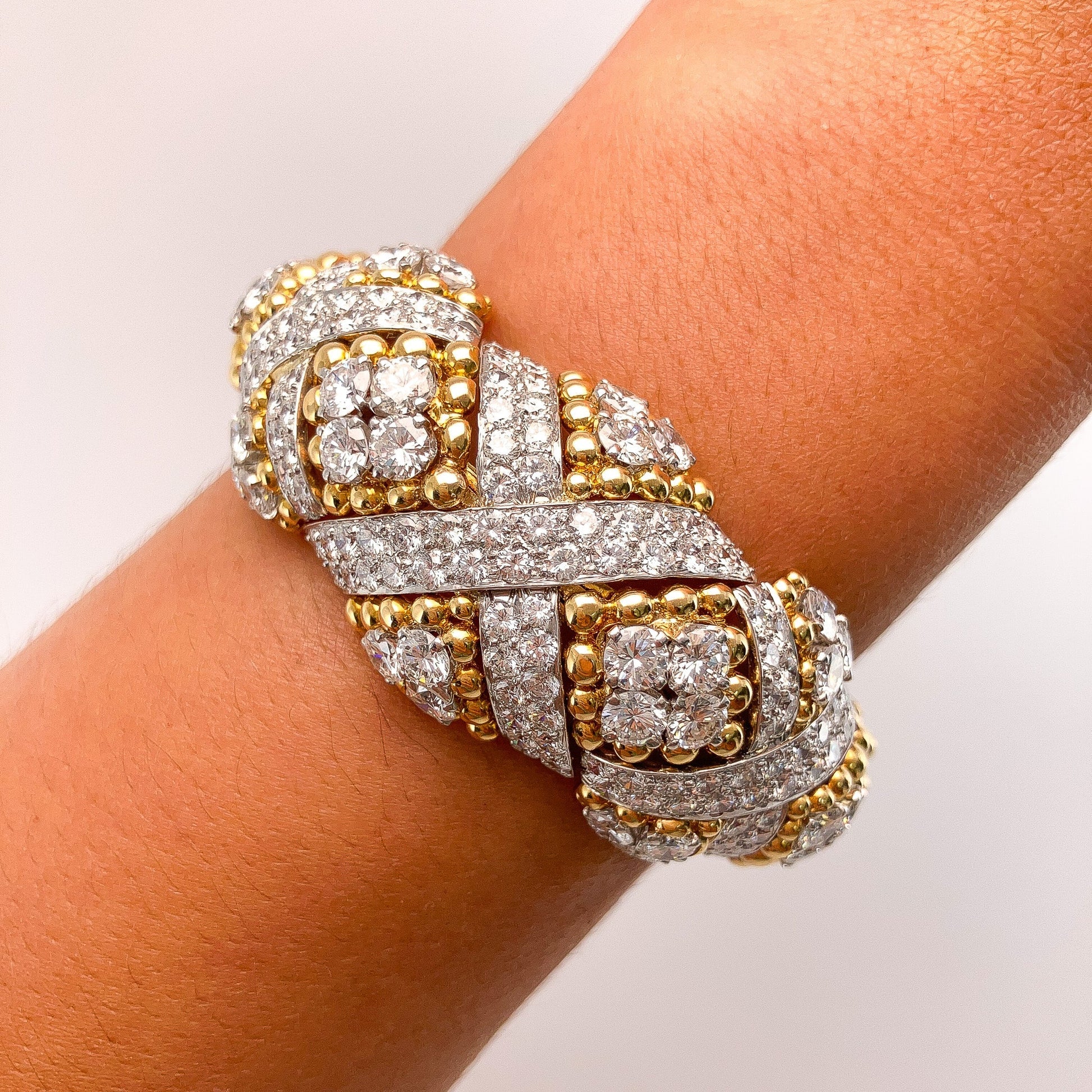 Vintage Textured Dome Bracelet with Basketweave Diamonds Motif by David Webb, 18k & Platinum º - Forever Rox