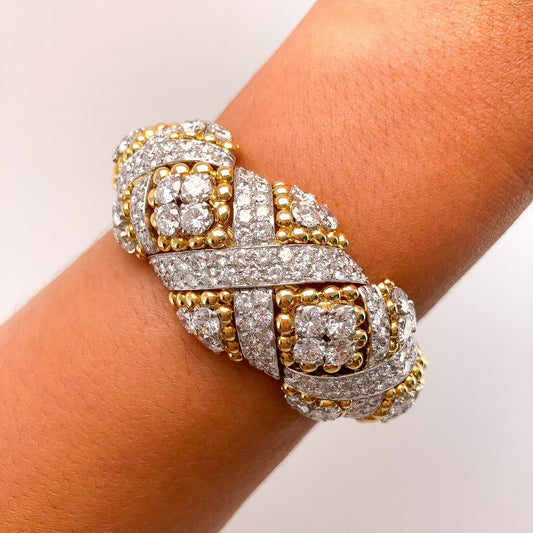 Vintage Textured Dome Bracelet with Basketweave Diamonds Motif by David Webb, 18k & Platinum º - Forever Rox