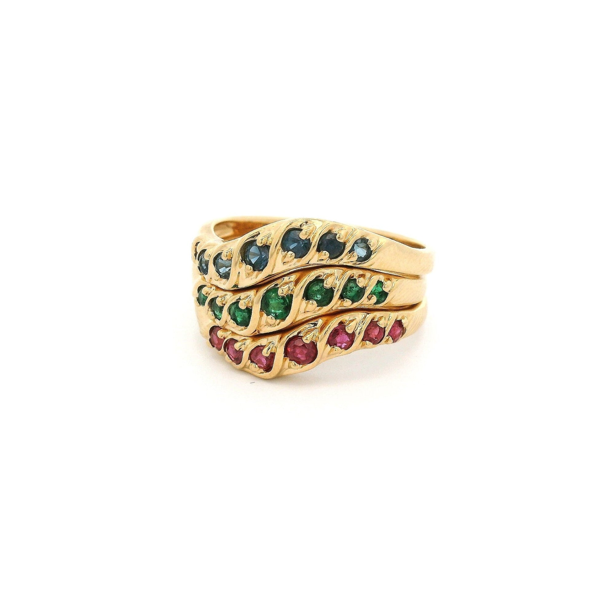 Yellow Gold Curved Stackable Ruby, Emerald & Sapphire Bands - Forever Rox Fine Jewelry