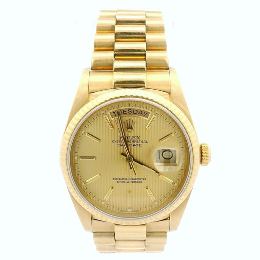 Yellow Gold Rolex Day Date President with Champagne Tapestry Dial - Forever Rox