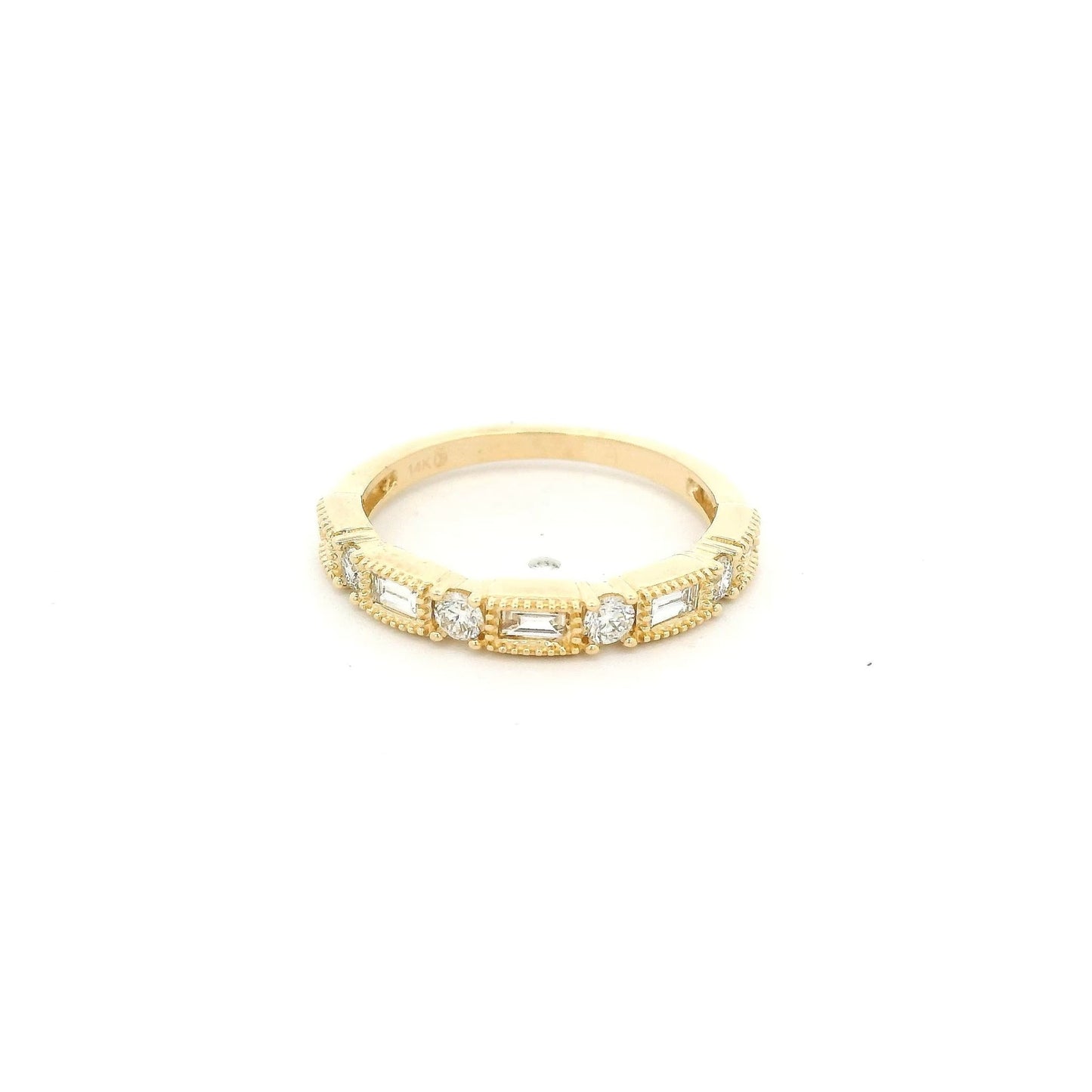 Yellow Gold Round & Baguette Cut Diamond Band with Milgrain Design - Forever Rox Fine Jewelry