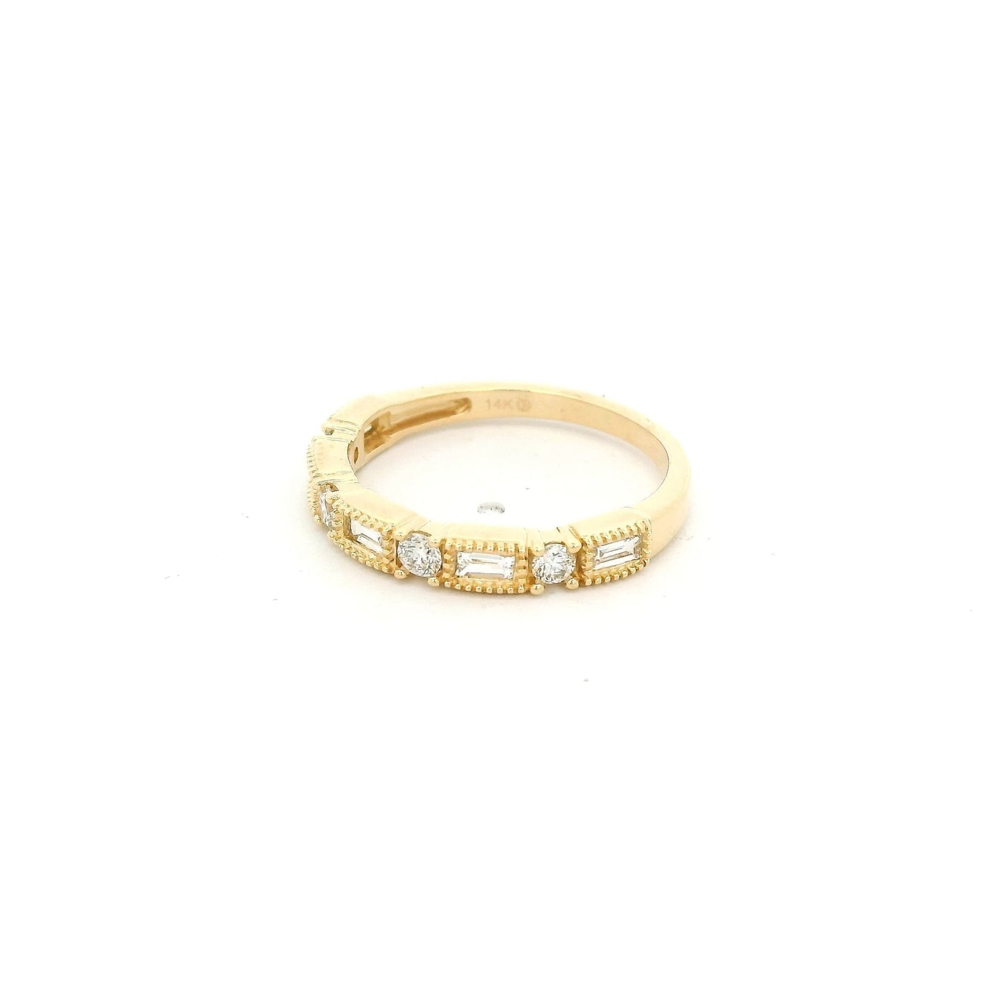Yellow Gold Round & Baguette Cut Diamond Band with Milgrain Design - Forever Rox Fine Jewelry