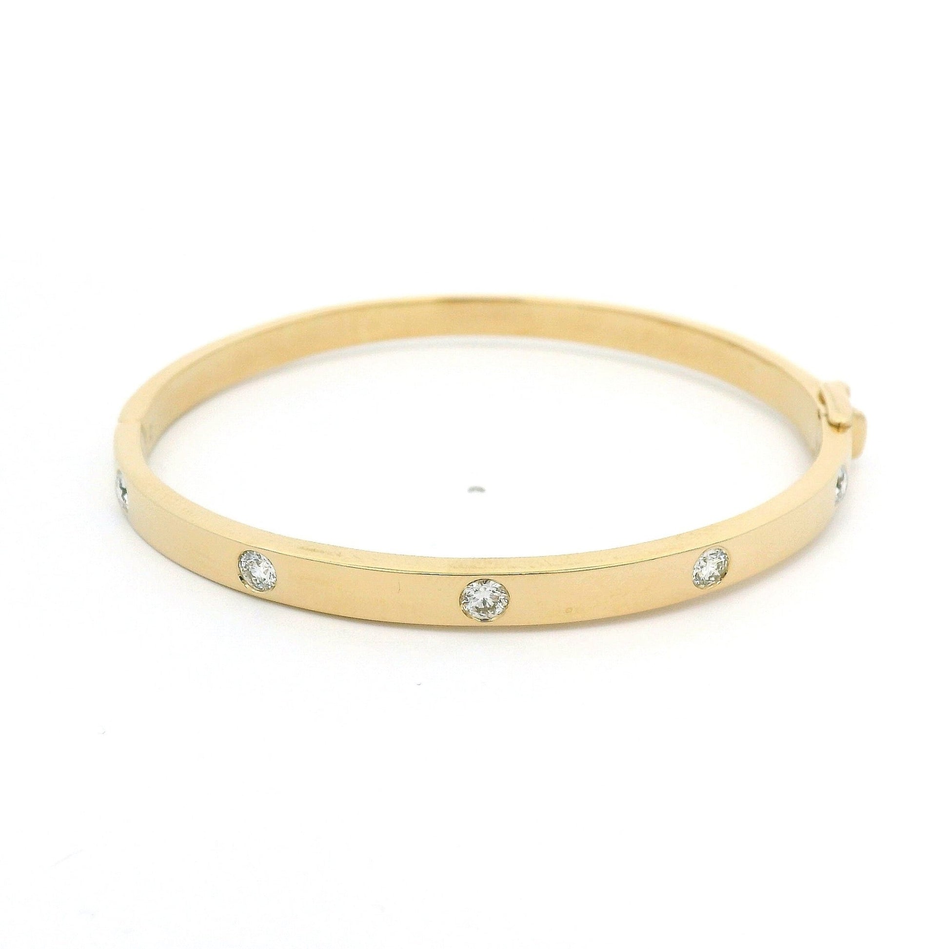 Yellow Gold Solid Bangle with 5 Round Cut Diamonds - Forever Rox Fine Jewelry